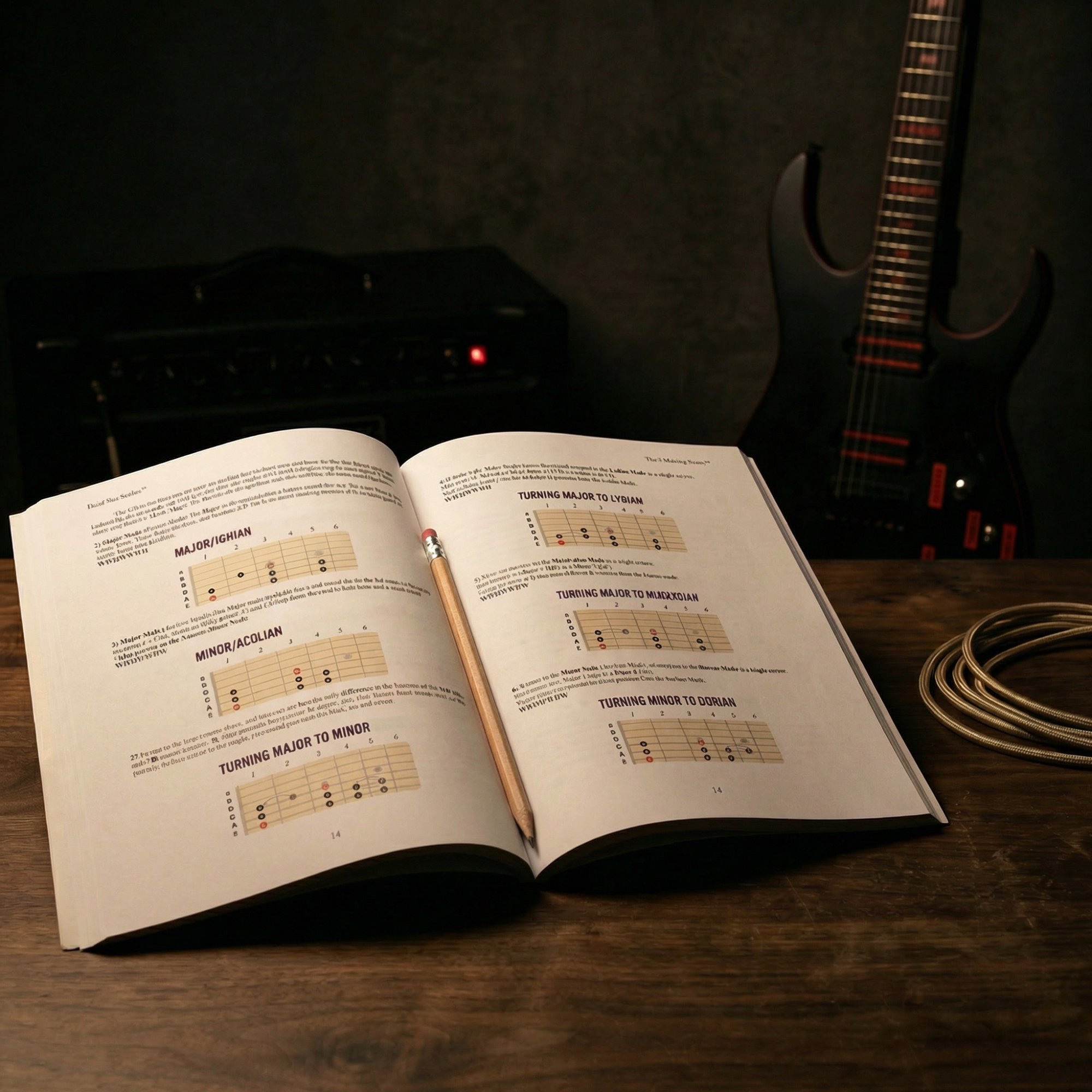 Dead Sea Scales book open on a dark walnut desk with guitar and amplifier